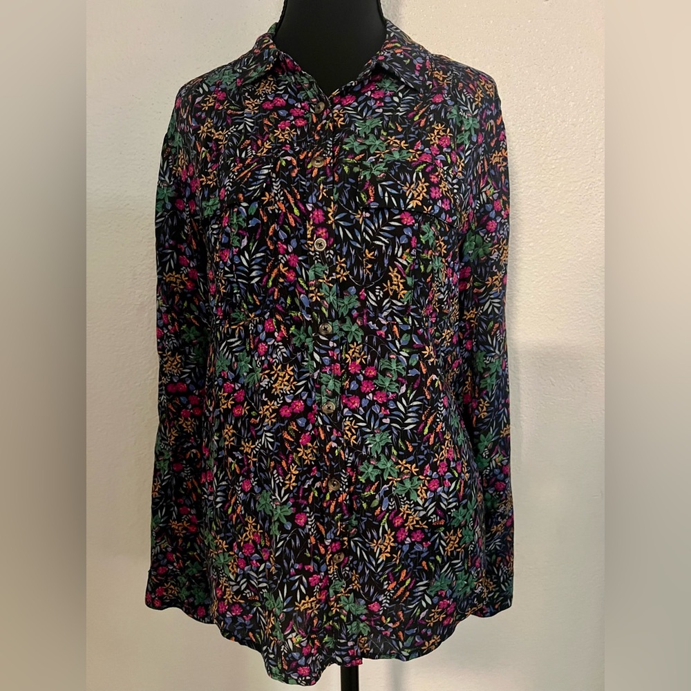 Maeve Athropologie Floral Button-Front Blouse with Pink, Green & Yellow Accents